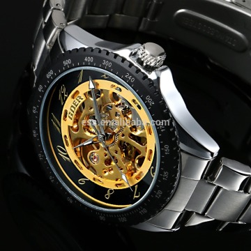 2015 New Gold Dial Skeleton Automatic Mechanical Watch Stainless Steel Sport Men Fashion Watches WM426