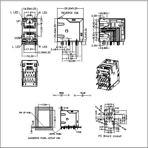 ATRJ5922-8P8C-X-C2-G-B RJ45 Jack Side Entry 2X1P Shielded With LED & EMI