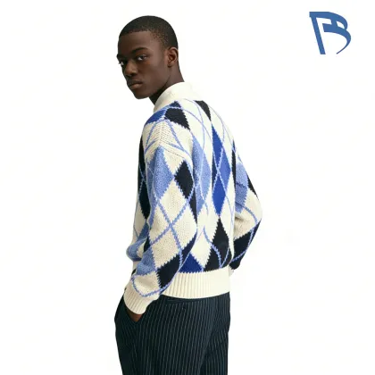 Elegant Ice Blue Knit Sweater with Argyle Pattern