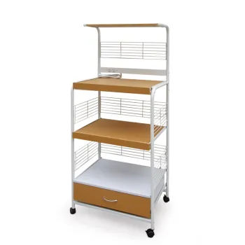 3-Tier Wood and Metal Rolling Storage Oven Stand: A Versatile Kitchen Trolley with Microwave Shelf and Drawer