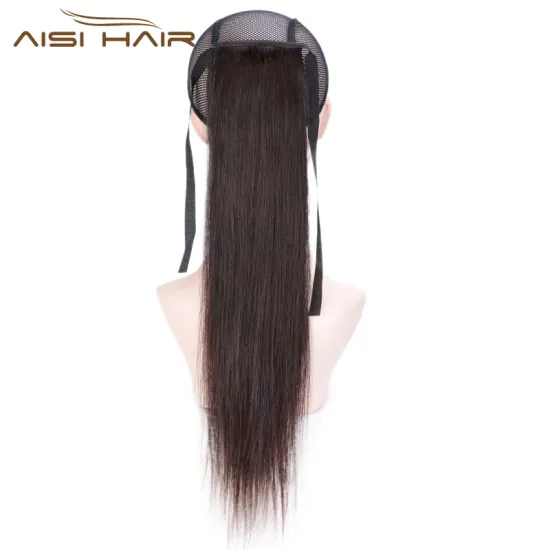 Aisi Hair 16 Inch Indian  Human Hair Ponytail Human Hair Extension Ribbon Straight Ponytail Extensions for Women