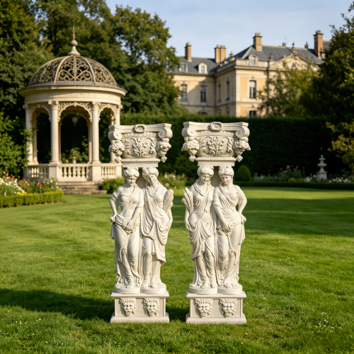 Grand Neoclassical Marble Caryatid Columns Outdoor Spaces