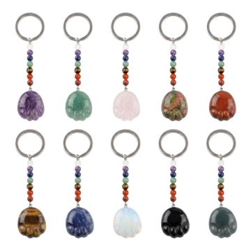 Natural Stone Keychain Gemstone 25MM Carved Foot Charm Pendant Key Chain Crystal Carving Cute Foot 7 Chakra Healing Key Ring