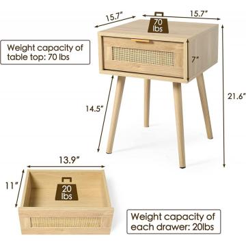 Mesa final moderna de la mesita de noche con 2 cajones de ratán, mesa de acento de madera de mesa auxiliar con almacenamiento para sala de estar de dormitorio