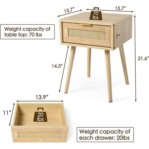 Modern Nightstand End Table with 2 Rattan Drawers,Side Table Wood Accent Table with Storage for Bedroom Living Room