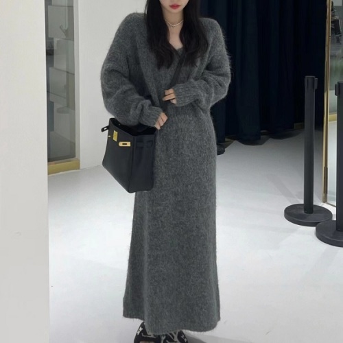 Women Casual Loose Retro Grey v-neck Long-sleeved Dress