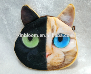creative lovely cartoon 3d solid cat face expression 12x13cm plush mini change coin bag, ladies' zipper small money purse