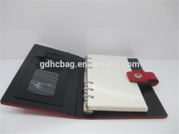 2016 Hot Sale Leather Notebook Cover With Pen And Card Holder With Cute Red Button