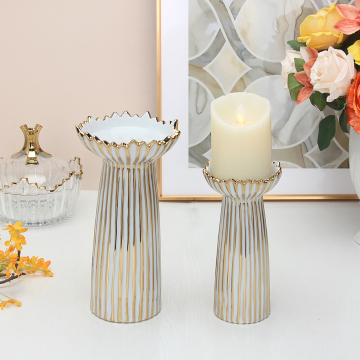 Ceramic Gold Christmas Candle Holder Set - 8 Inch Luxury Porcelain Stand
