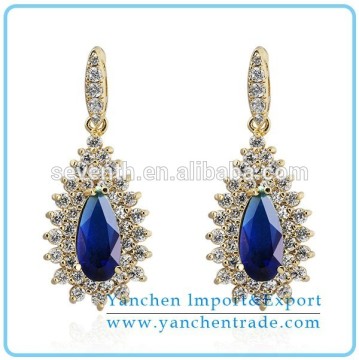 Simple Gold Earring Designs for Women Drop Earring with Blue and White Zircons Prong Setting