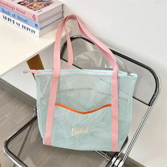 Reusable Custom Portable Blue Zippered Mesh Tote Bag