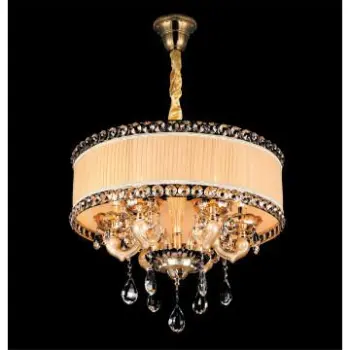 Classic Round Chandelier Fabric Shade Crystal Pendant Lighting Fixture