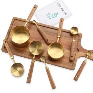 Gold Stainless Steel Measuring Cups and Spoons with Acacia Wood Handles