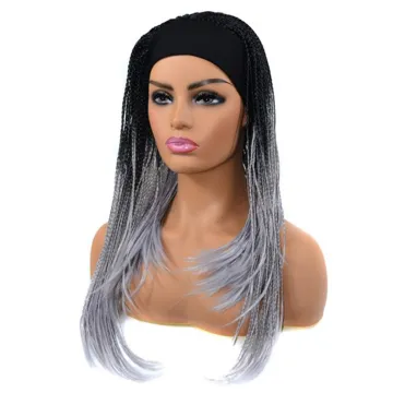 Wholesale Grey Black Blonde Box Braids Turban Wigs Ombre Afro Synthetic Heat Synthetic Hair Wigs Headband Attached For Women