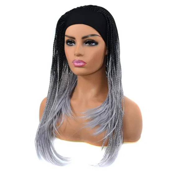 Wholesale Grey Black Blonde Box Braids Turban Wigs Ombre Afro Synthetic Heat Synthetic Hair Wigs Headband Attached For Women