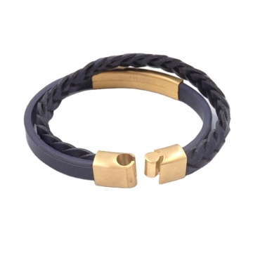 Stainless Steel Custom Braided Leather Bracelets - Gold Men's Fashion Jewelry in Stock