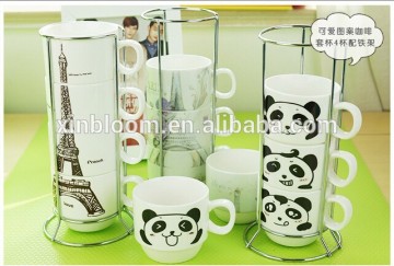 starbuck eiffel tower panda and giraffe ceramic mug with metal shelf ,customized promotional set cup