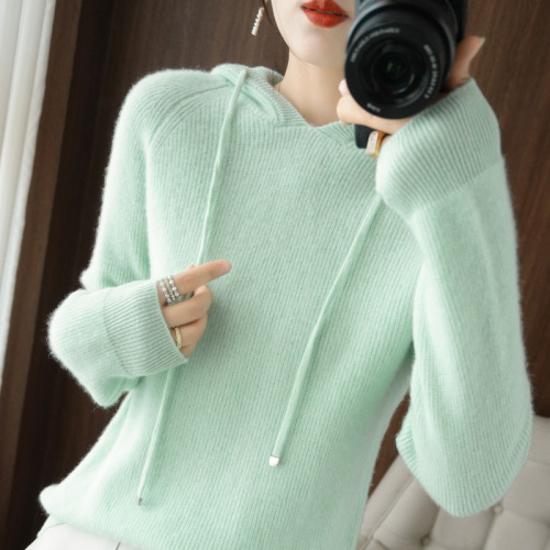 Hooded pull-cord wool knit jumper