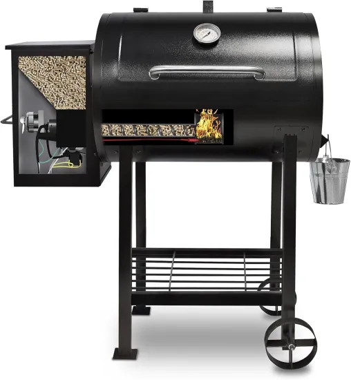 DanHui Outdoor BBQ Smoker Grill Barrel with Wood Pellets and Side/Front Tables for Backyard/Patio
