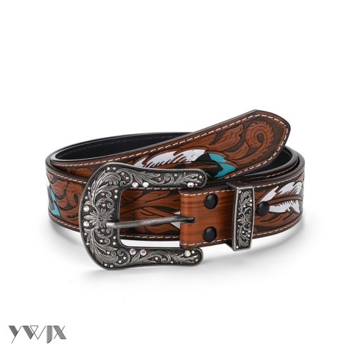 Rhinestone Embossed Cowboy Leather Belt