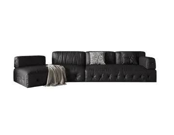 YUANF Mid-Century Genuine Leather Sofa - Light/Dark Walnut