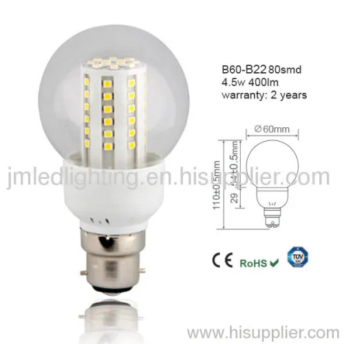 B22 B60 Led Light Bulb 4.5w 400lm Clear 80smd 