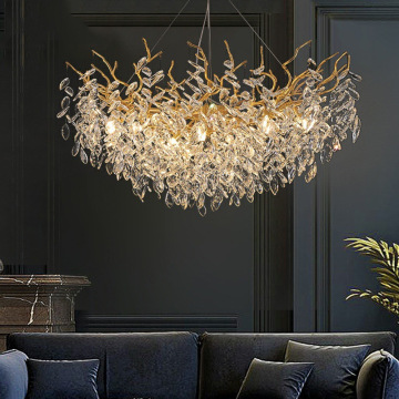 Villa Interior: Living Room, Dining Room, and Bedroom with Custom Crystal Branch Chandelier