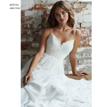 Cheap Boho Wedding Dress Spaghetti Strap A Line Chiffon Long Backless Beach Wedding Gown Appliques Lace Top Bride Dress 2020