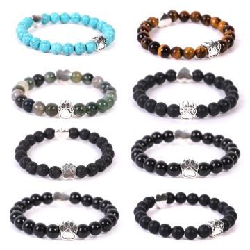 Natural Stone 8mm Round Beads with Cat's Paw Alloy Stretch Bracelet Crystal Beads Heart Charm Elastic Bangle Bracelet for Couple