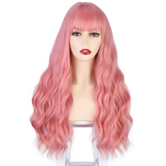 Vigorous Good quality Long Synthetic Heat Resistant Full Cheap Long Pink Fluffy Curly Wavy Hair Wigs With Bangs