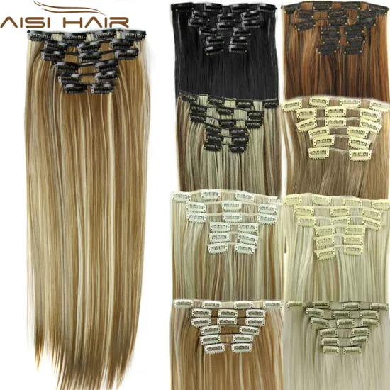 Aisi Hair 24 inch Synthetic Clip in Hair Extension 16 Clips 6pcs/Set Silky Straight Hair Extensions Hairpiece For Women