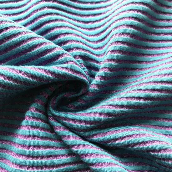 Purple lurex shinny metallic yarn knitting stripe fabric