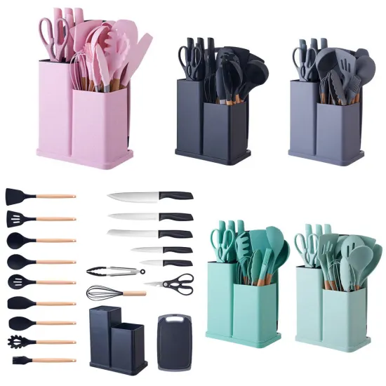 19-Piece Silicone Cooking Tools Set: Comprehensive Kitchen Utensils with Cutting Board and Storage Bucket