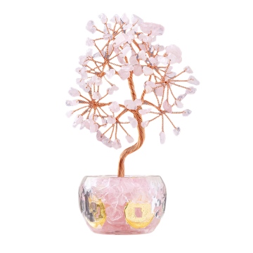 Raw Rose Quartz Raw Stone Copper Lucky & Life Of Tree Gold Coin Crytal Base Ornament for Home Decor