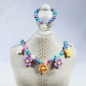 Conjunto de pulseira de pingente de flores de pérola do esmalte das meninas