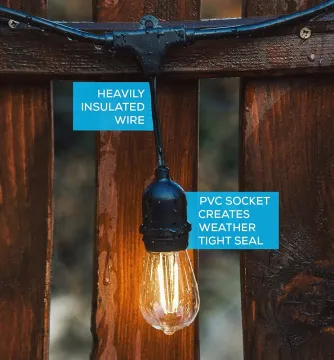 48 Foot Weatherproof Outdoor String Lights S14 LED Bulbs Included Perfect Patio Lights & Party Lights-Black UL Listed