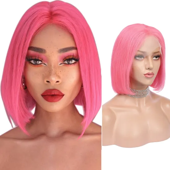 Wholesale price Pink Bob Wig Depuy Synthes Tfnadvanced Female High Temperature Silk Chemical Fiber Lace front  colored  Bob Wig