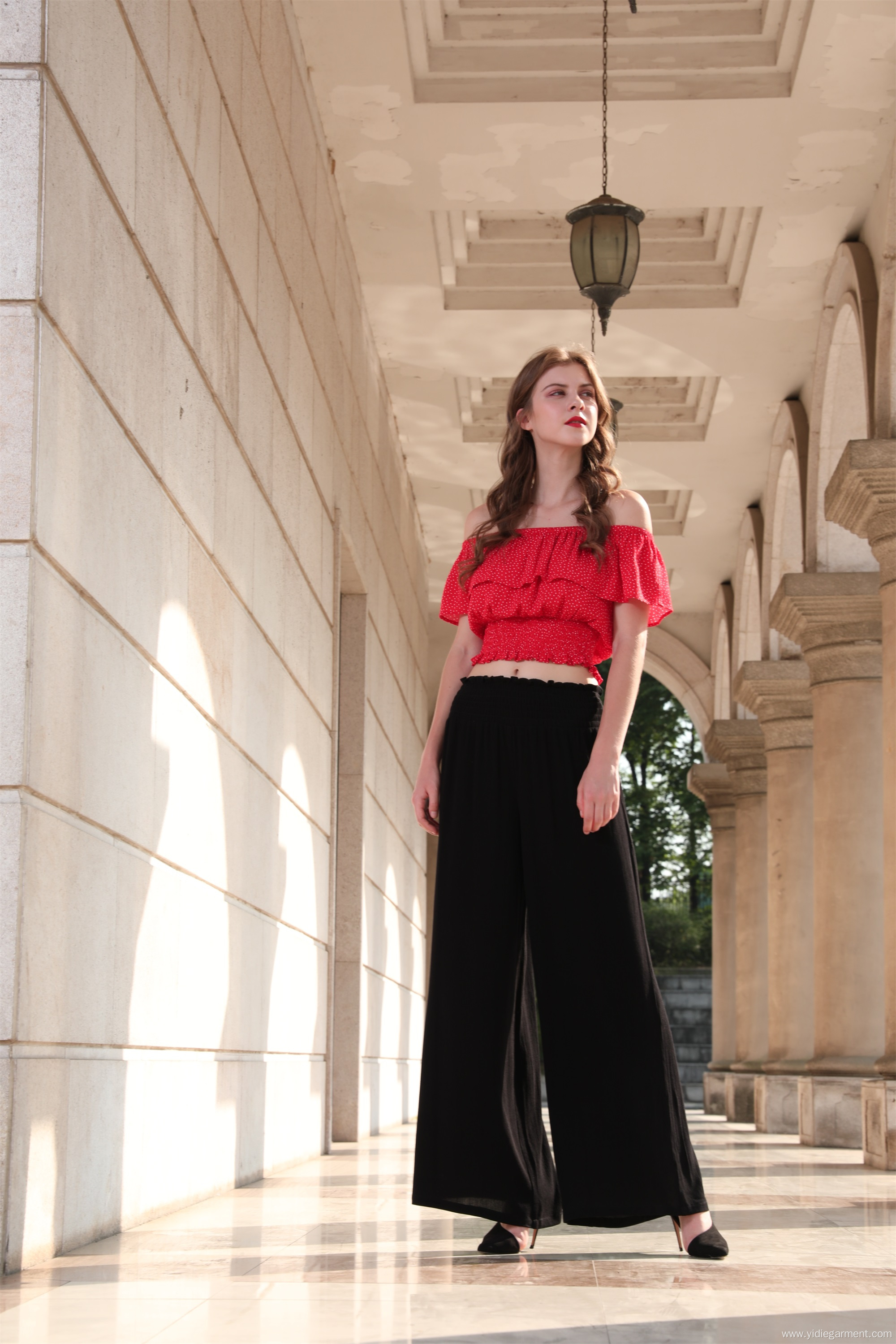 Off Shouler Short Sleeve Red Color Blouse