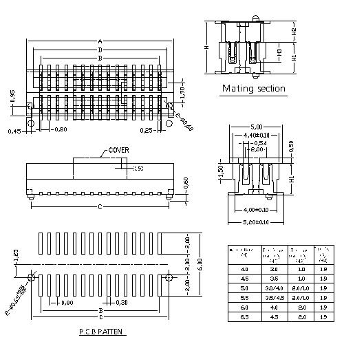 0.8mm Board to board connector, female,double groove, mating height=4.0~6.5mm BB0.8F-XXXX02