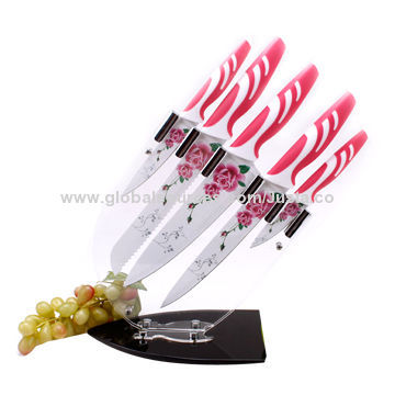 5 Pieces Flower Coating Kitchen Knife Set with Wholesale, Folding Acrylic Stand