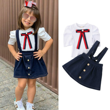 2PCS Toddler Kids Baby Girls Clothes Sets Bowknot Puff Sleeve T-Shirts Tops Denim Strap Dress Clothes