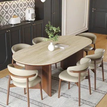 Nordic French Retro Oval Antique Wood Dining Table Set