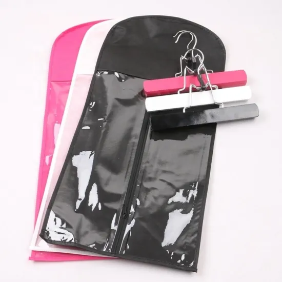 In stocks 10 sets/carton black white pink color Cheaper Luxury  PVC dustproof zipper bag with hanger hair bags packaging custom