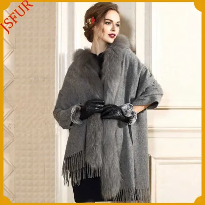 Genuine Dyed Raccoon Fur Hood Shawl Knitted Lady Shawl
