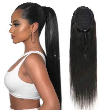 MRSHAIR 100% Human Hair Drawstring Ponytail For Black Women Elastic Hair Band Hairpieces 8"-24" 100grams #1B Straight Ponytail