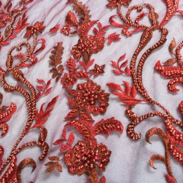 Hot Red Pearl Beaded Lace