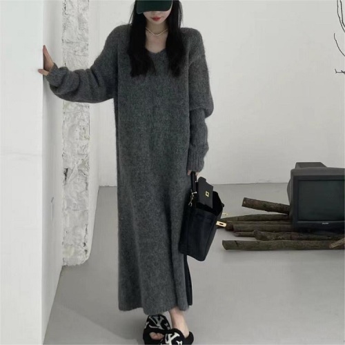 Women Casual Loose Retro Grey v-neck Long-sleeved Dress