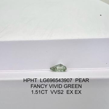 HPHT Pear Fancy Vivid Green Lab เพชร 1.51ct VVS2 EX EX