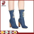 Denim Leather Spring Boots Chunky High Heel