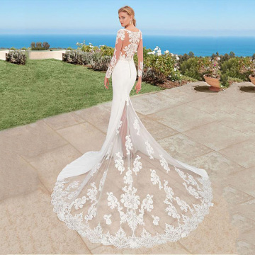 SoDigne Mermaid Boho Wedding Dress Long Sleeves 2019 Appliques Lace Bridal Gown Back Button Scoop Neck Wedding Gowns With Train
